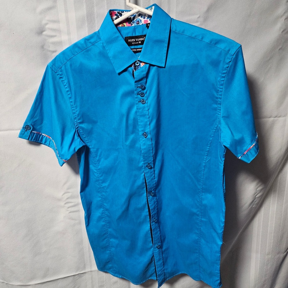 Alex Vando Shirt Mens Small Blue Short Sleeve Floral Trim Stretch Button Down